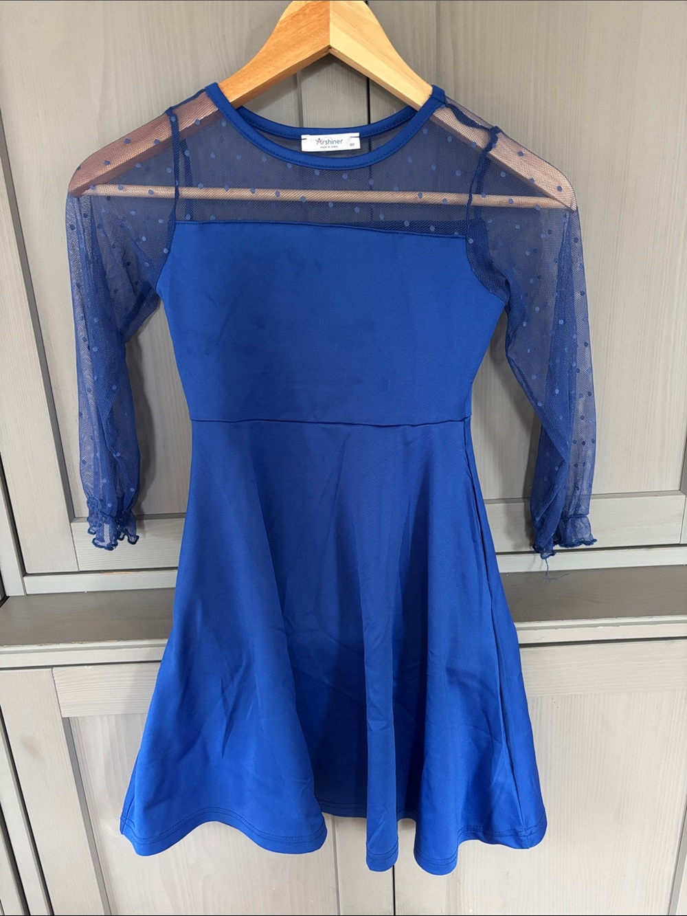 Kids royal Blue Fit-and-Flare Dress with Sheer Polka-Dot Sleeves